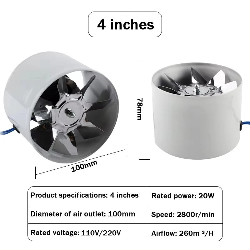 110V/220V Pipe Exhaust Fan Air Ventilator Metal Pipe Ventilation Exhaust Fan Extractor Bathroom Toilet Wall Fan Duct Fan 4-inch