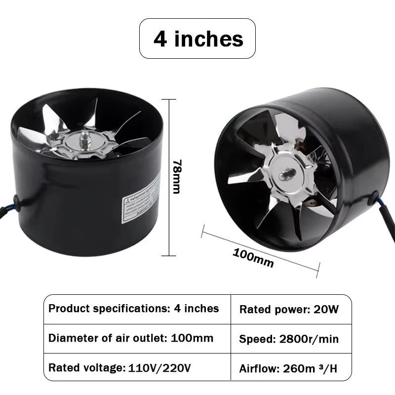110V/220V Pipe Exhaust Fan Air Ventilator Metal Pipe Ventilation Exhaust Fan Extractor Bathroom Toilet Wall Fan Duct Fan 4-inch