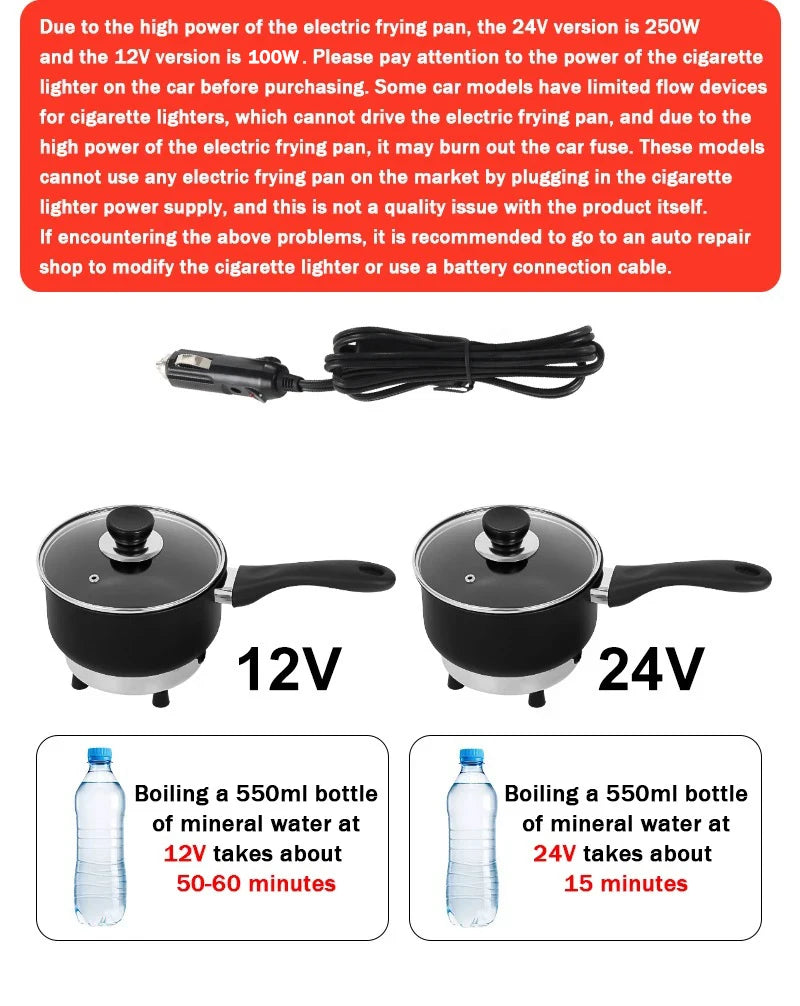Multicooker For Car Truck 12V 24V Electric Frying Pan Cooking Skillet Mini Rice Cooker Soup Hotpot Heater Travel Food Boiler