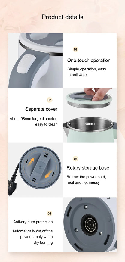 0.8L Travel Electric Kettle MINI Boiling Teapot Cup Heater Portable Stainless Steel Hot Water Quick Heating Pot Boiler 110V/220V