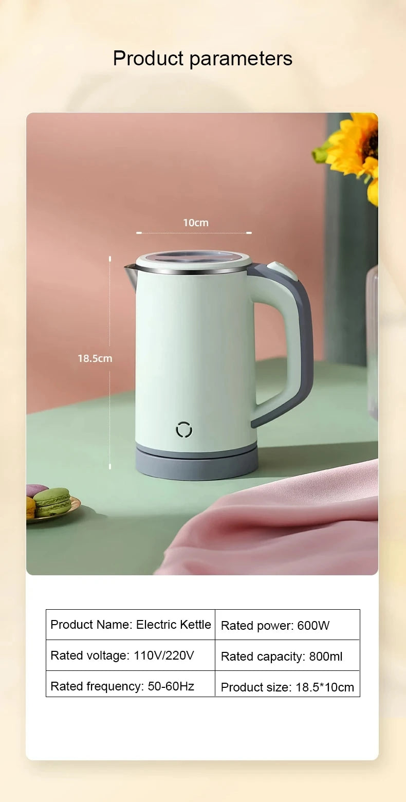 0.8L Travel Electric Kettle MINI Boiling Teapot Cup Heater Portable Stainless Steel Hot Water Quick Heating Pot Boiler 110V/220V