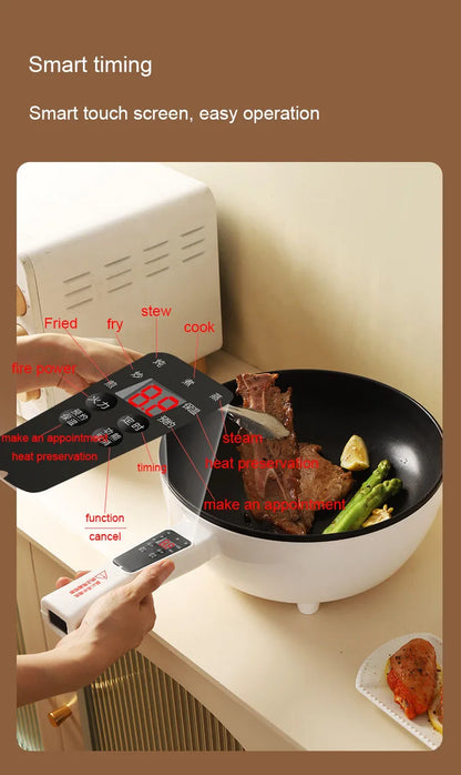 110V Multi-function Electric Stir-fry Meal Wok 3L Non-Stick Frying Pan Food Steamer Smart Smoke-free Hot Pot Stew Cooking Heater