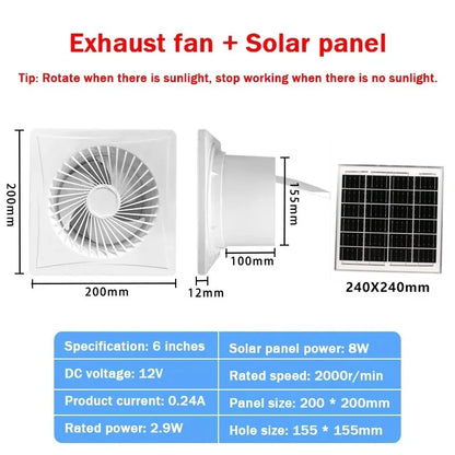 8W Solar Exhaust Fan 12V Air Blower High Speed Ventilator Energy-saving Anti-Mosquito Design Kitchen Bathroom Chicken/Duck Coop