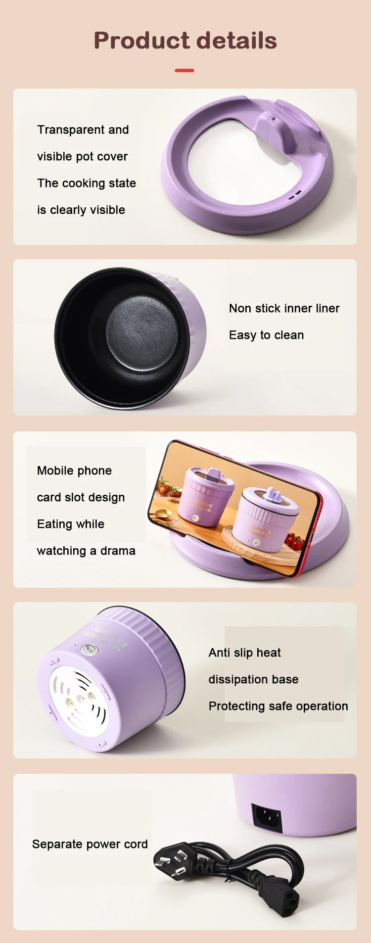 110V Mini Electric Cooking Pot Multifunctional Rice Cooker Hot Pot Instant Noodles Porridge Omelette Quick Food Pot Frying Pan
