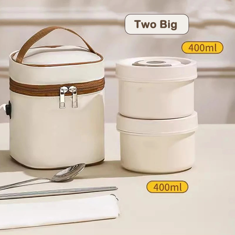 DMWD Portable Insulated Food Lunch Container Set Stackable Insulated Lunch Box Ceramics Bento Box Leakproof Thermostatic Bag