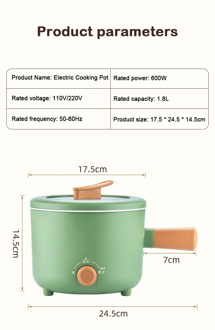110V/220V Multifunction Electric Cooker 1.8L Hotpot Non-stick Skillet Noodles Soup Cooking Pot Mini Egg Frying Pan Rice Cooker