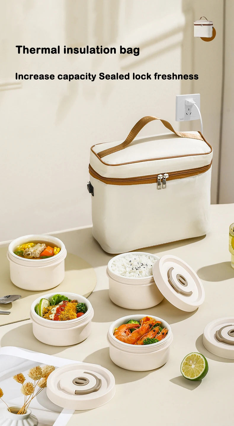DMWD Portable Insulated Food Lunch Container Set Stackable Insulated Lunch Box Ceramics Bento Box Leakproof Thermostatic Bag