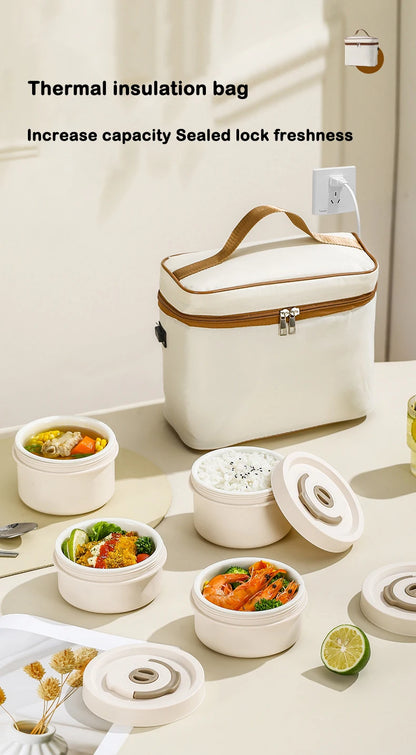 DMWD Portable Insulated Food Lunch Container Set Stackable Insulated Lunch Box Ceramics Bento Box Leakproof Thermostatic Bag
