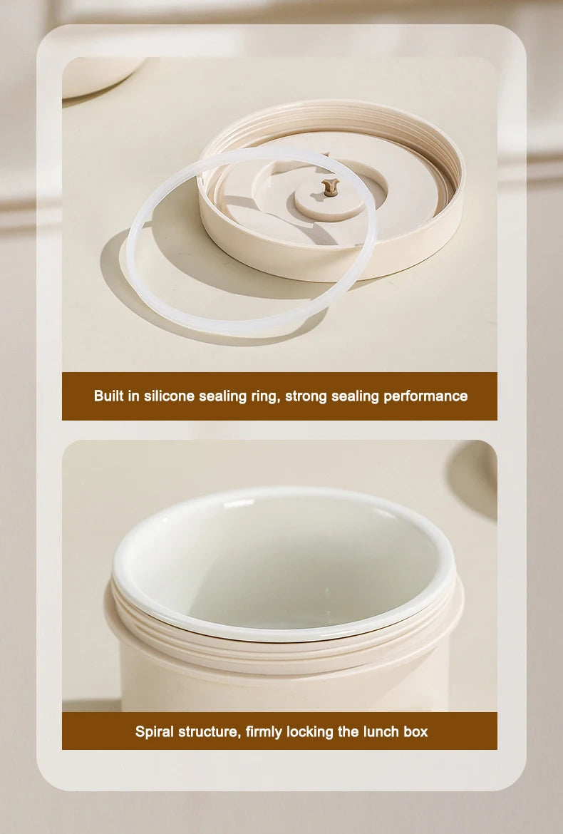 DMWD Portable Insulated Food Lunch Container Set Stackable Insulated Lunch Box Ceramics Bento Box Leakproof Thermostatic Bag