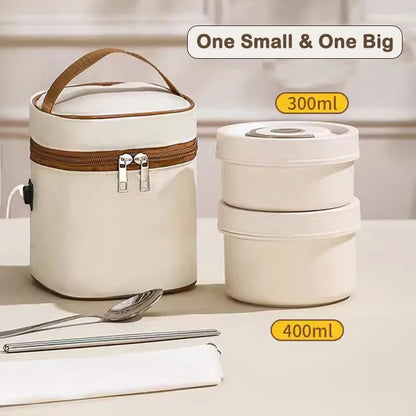 DMWD Portable Insulated Food Lunch Container Set Stackable Insulated Lunch Box Ceramics Bento Box Leakproof Thermostatic Bag