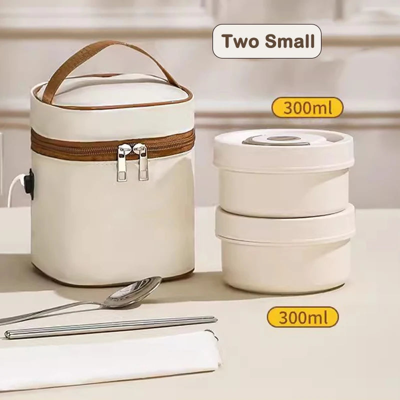 DMWD Portable Insulated Food Lunch Container Set Stackable Insulated Lunch Box Ceramics Bento Box Leakproof Thermostatic Bag