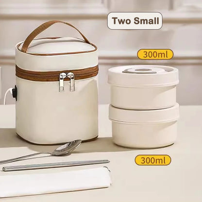DMWD Portable Insulated Food Lunch Container Set Stackable Insulated Lunch Box Ceramics Bento Box Leakproof Thermostatic Bag