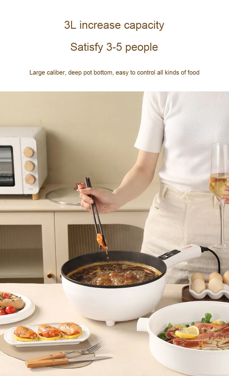 110V Multi-function Electric Stir-fry Meal Wok 3L Non-Stick Frying Pan Food Steamer Smart Smoke-free Hot Pot Stew Cooking Heater