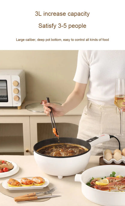 110V Multi-function Electric Stir-fry Meal Wok 3L Non-Stick Frying Pan Food Steamer Smart Smoke-free Hot Pot Stew Cooking Heater